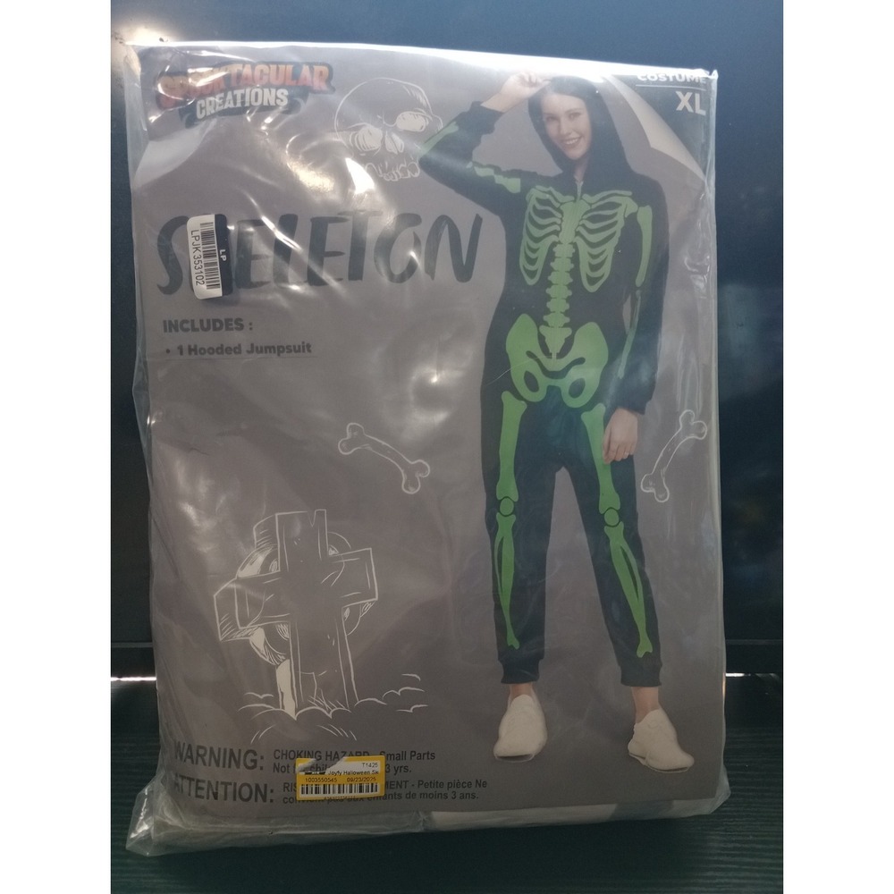 Women's Skeleton Costume XL Spectacular Creations Hooded Jumpsuit Halloween...